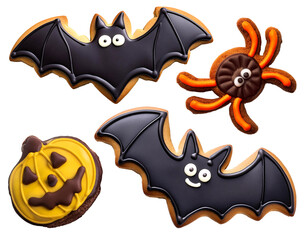 Halloween decoration cookies isolated PNG set. bats, spiders and pumpkin.