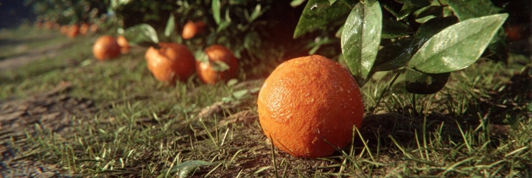 Orange grove scene A bright orange fruit sits on the grass beside a row of lush green trees with more oranges visible along the row