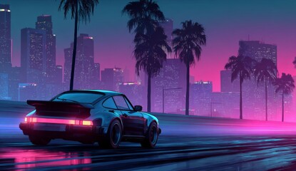 Car ride on the morning road in 80s retro synthwave or 00s vaporwave style.	
