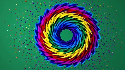Vibrant rainbow spiral vortex with colorful confetti on green background - Powered by Adobe