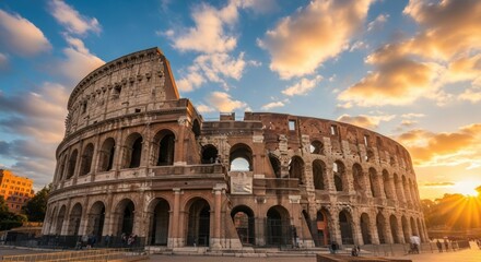 Majestic Colosseum at Sunset: Ancient Roman Architecture Under Golden Light