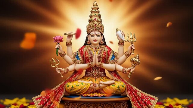 Radiant MultiArmed Hindu Goddess Meditating Adorned in Gold Surrounded by Ethereal Light and Sacred Petals.