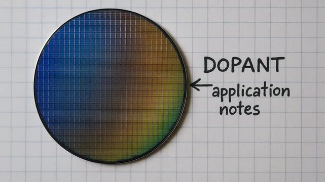 Silicon wafer grid pattern with dopant application note technology for semiconductor industry research and production on grid paper background