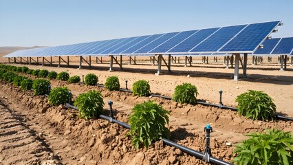 solar panels on a farm, illustrating how solar energy is used to facilitate sustainable agriculture in arid regions by powering vital irrigation systems