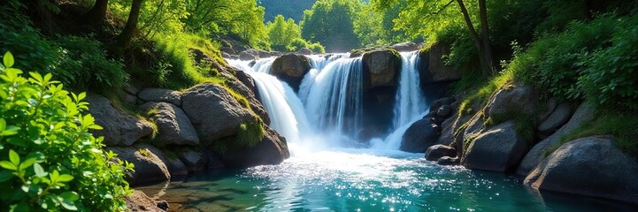 Fototapeta premium Crystal-clear water cascades down a lush green hillside, creating a serene and refreshing scene Sunlight glistens on the flowing water, highlighting the vibrant natural beauty , pure, rural