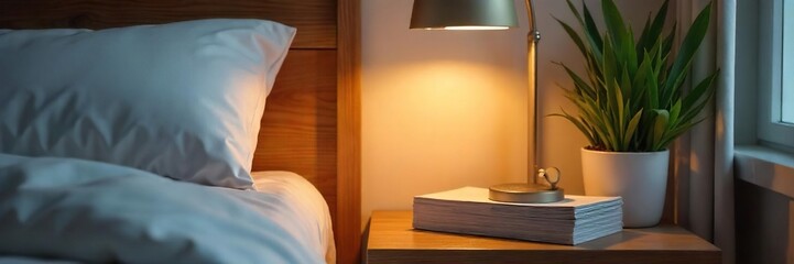 Fototapeta premium Cozy and stylish night table setup featuring a lamp, books, and a succulent plant Perfect for a relaxing bedtime routine or adding a touch of elegance to your bedroom , comfort, stylish, lifestyle