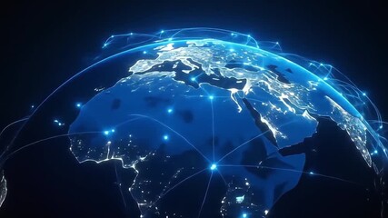 Futuristic visualization of a global digital network connecting continents on Earth at night, representing data transfer and communication - Powered by Adobe