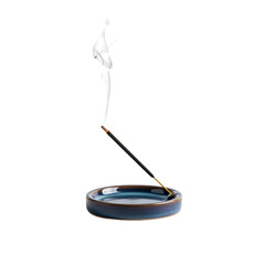 Incense Stick Burning, Creating Aromatic Smoke, on a Ceramic Dish, with a Transparent Background for Easy Editing