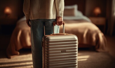 Person in a cozy bedroom holding luggage, preparing for travel or relocation