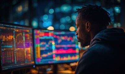 A person with dreadlocks studies financial data on illuminated computer screens in a dimly lit space