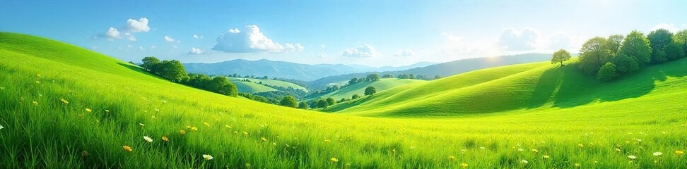 Serene landscape featuring a lush green meadow bathed in sunlight, rolling hills in the distance, and a clear blue sky Perfect for nature, travel, and environmental themes , sunlight, idyllic, green