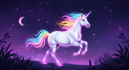 Naklejka premium A majestic white unicorn with a glowing rainbow mane prances under a starry night sky with a crescent moon.