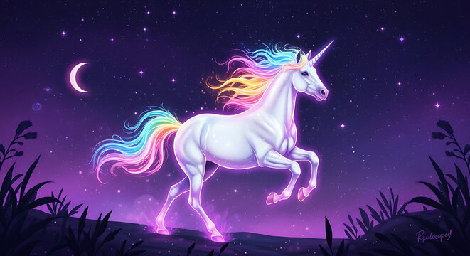 A majestic white unicorn with a glowing rainbow mane prances under a starry night sky with a crescent moon. - Powered by Adobe