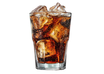 A clear glass tumbler filled with a dark brown carbonated drink and ice cubes
