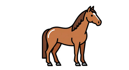 A cartoon illustration of a brown horse standing in profile, with a white stripe on its face and a dark mane and tail.