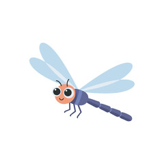 Cute flat vector illustration of a dragonfly with big eyes and blue wings, simple cartoon style, isolated design for nature or insect design themes