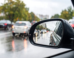 Rainy city street view from car mirror