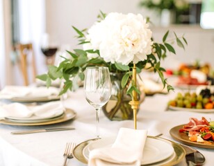 Elegant table setting with a white flower centerpiece