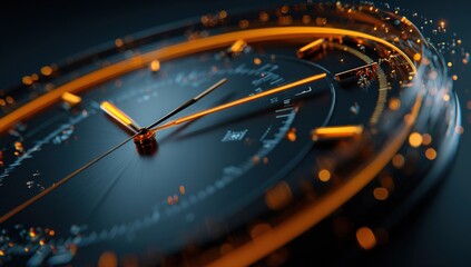 An artistic close-up showcases an illuminated clock face with glowing lines and particles