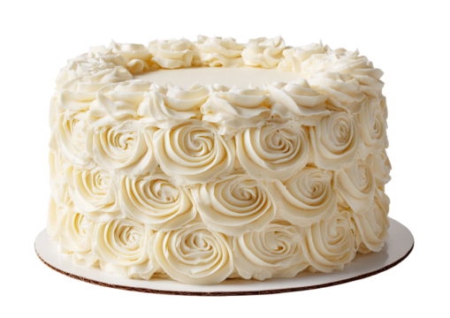 Creamy white cake, iced with intricate rosettes