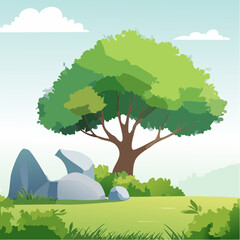 Vector watercolor green tree or meadow with rock side view isolated on white background for landscape and architecture drawing,elements for environment or and garden,Shrub for .