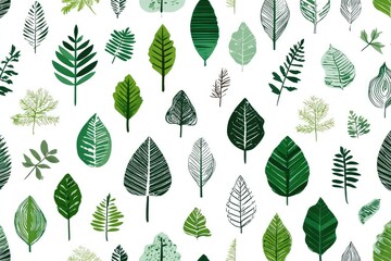 Fototapeta premium Seamless pattern of various leaves in shades of green on a white background