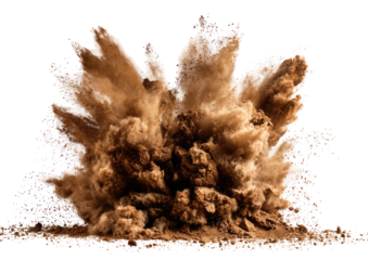 A large, explosive burst of brown dust and earth erupting outwards