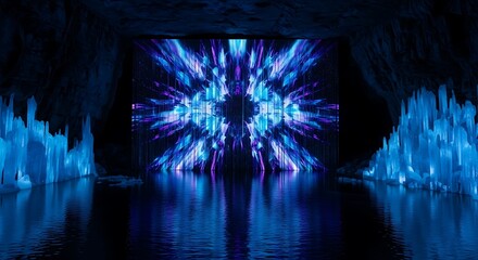 Dark Ice Cave with Futuristic Digital Light Display Reflected on Water Surface