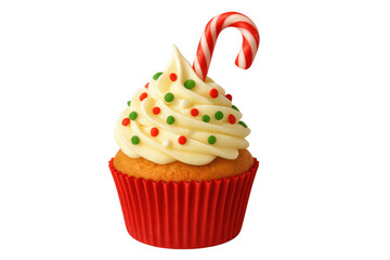 Christmas cupcake decorated with candy cane and sprinkles on transparent background