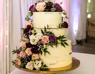 Elegant three-tiered wedding cake adorned with cascading flowers