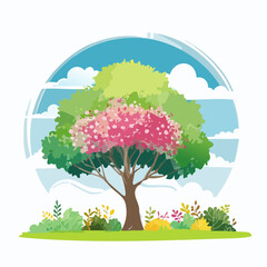 Vector watercolor blooming flower tree or forest side view isolated on white background for landscape and architecture drawing,elements for environment or and garden,shrub for section ,Set of floral