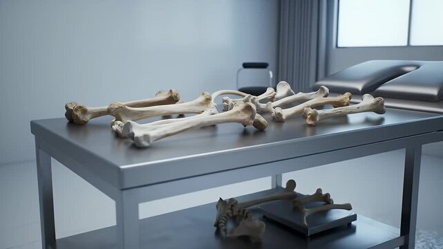 Detailed Bones on Stainless Steel Table in Bright Clinical Room Realistic Examination of Osseous Tissue Structure for Educational Medical Research and Presentation with Meticulous Detail