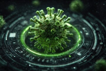 Close-up of a virus, highlighted by a glowing green circle interface