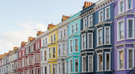 Fototapeta premium Row of Colorful Victorian Houses in Brighton, England, with Bay Windows and Chimneys