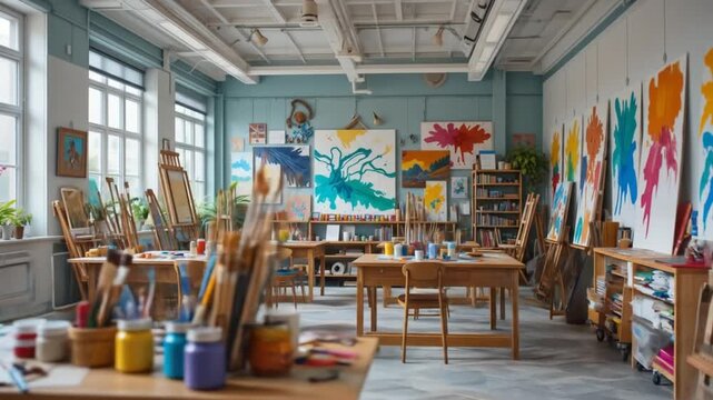 Creative colorful art studio classroom interior, paint brushes, paint jars, artist at work. 4k video