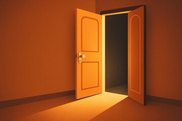 Golden light wooden door warm glow open doorway minimalist interior shadow sunbeam cozy mood. Golden light pours through open