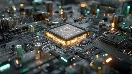 Obraz premium Computer chip is lit up with a yellow glow