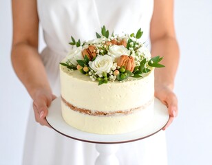 Elegant white cake with floral decorations held by a woman