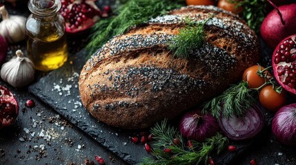 Loaf of bread with seeds on top is surrounded by vegetables and fruit