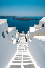Obraz premium Picturesque view of traditional whitewashed architecture with narrow stone steps leading down to the deep blue sea in Santorini, Greece, showcasing Mediterranean beauty and charm