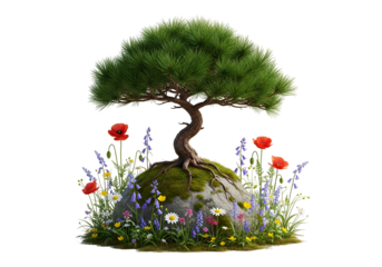 A bonsai pine tree stands gracefully atop a rocky outcrop, surrounded by vibrant wildflowers and greenery, creating a peaceful and serene scene.