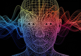 Wireframe illustration of a human head with vibrant, multicolored neural network connections on a black background.