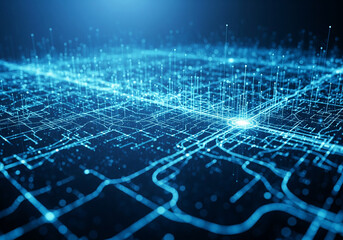 Glowing blue network visualization with interconnected lines and nodes on a dark background