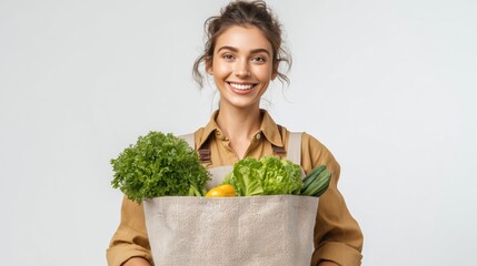 Woman holding grocery bag with fresh vegetables isolated on a white background