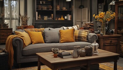 Obraz premium The image shows a living room interior with a gray sofa, multiple throw pillows in shades of yellow and gray, wooden furniture pieces, and a vase of sunflowers.