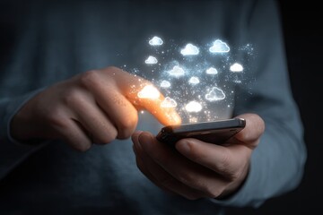 Hands holding smartphone with cloud icons appearing