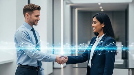 Digital handshake: Man and woman sealing a deal with futuristic technology overlay in modern office - Powered by Adobe