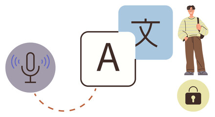 Microphone connecting to letters, lock symbolizing privacy, young man standing. Ideal for language learning, communication, translation, privacy, accessibility education global connection. Simple