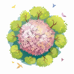 Vector watercolor blooming flower tree or forest top view isolated on white background for landscape and architecture drawing,elements for environment .