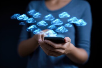 Person using smartphone with cloud computing graphic overlay